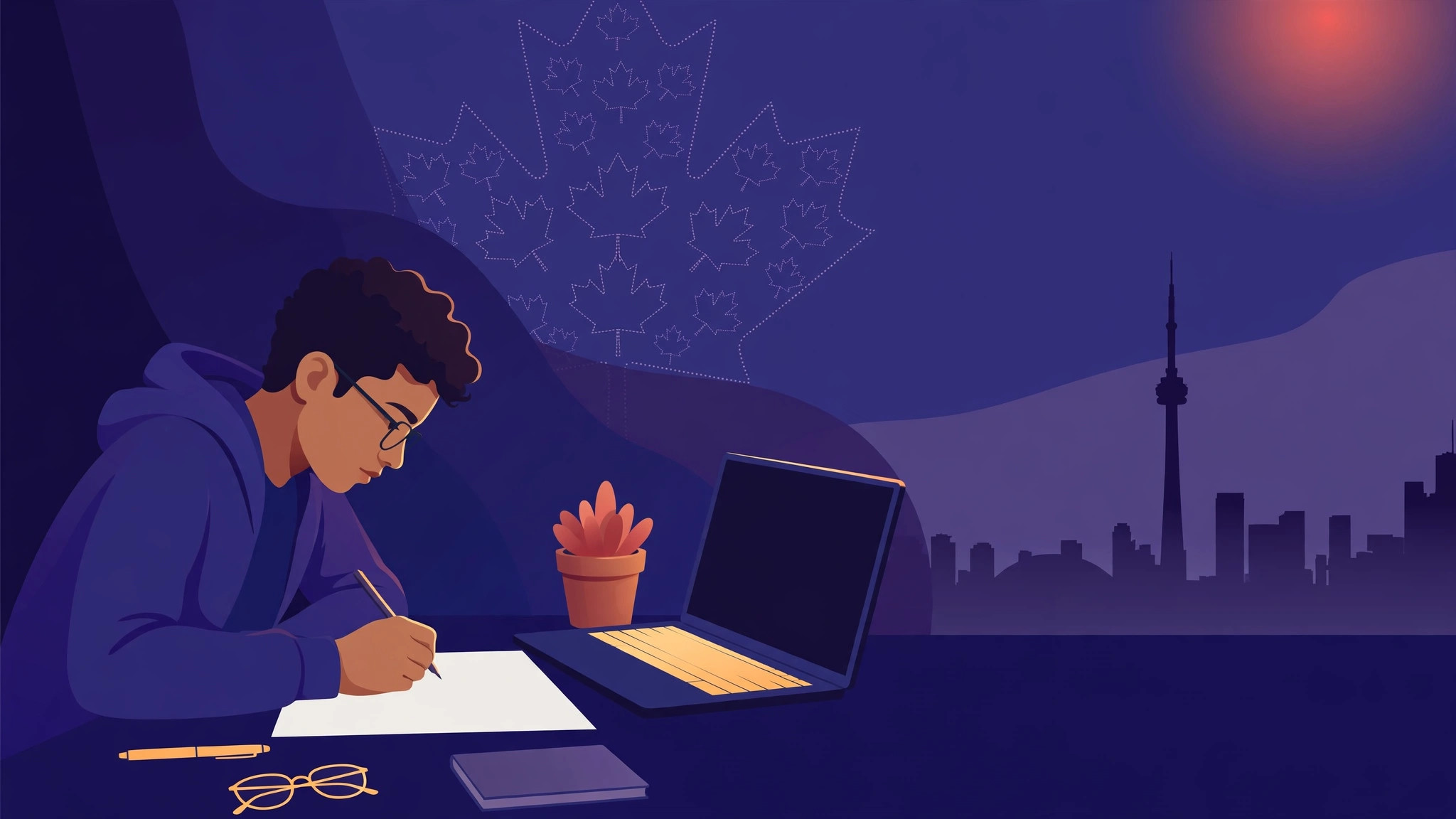 Student writing an SOP for a Canada student visa, with a study plan and documents on the desk